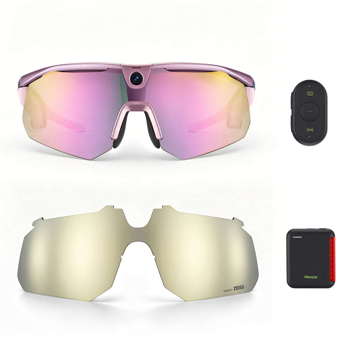 BleeqUp Ranger Ultimate Bundle, pink-purple standard lenses with ZEISS champagne replacement lens, Power Plus and Bluetooth controller