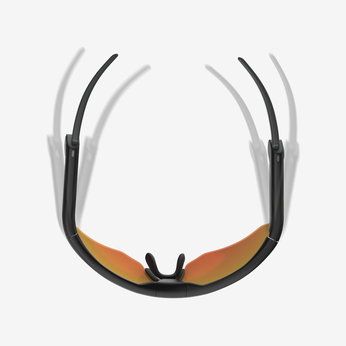 BleeqUp Ranger AI sports camera glasses, rear view of black frame with ZEISS orange mirrored lenses
