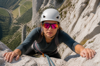 Climber on a rock face wearing camera glasses for hands-free point of view capture