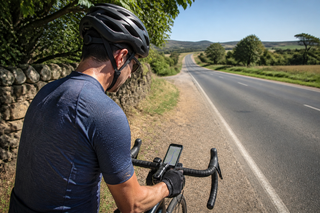 Cyclist checking a route map on a quiet country road at midday