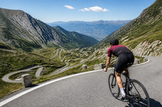 Road cyclist descending a smooth mountain pass in clear weather