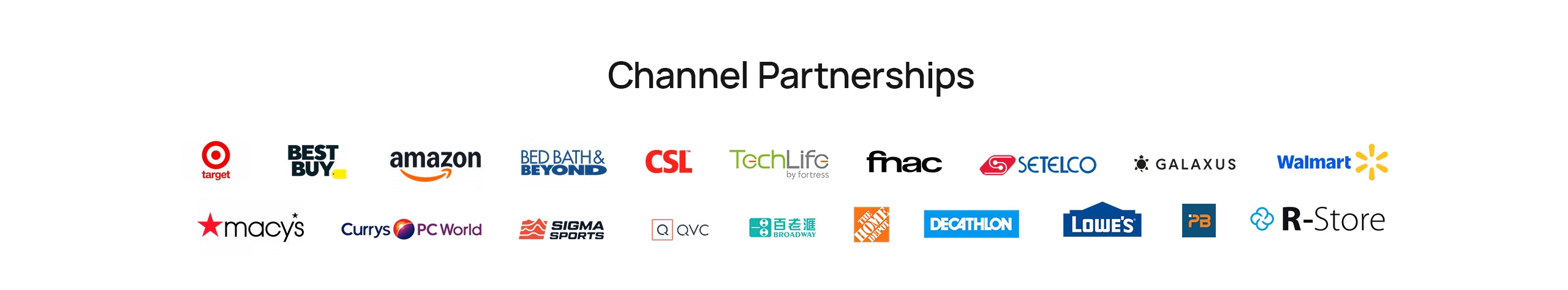 BLEEQUP The image displays a "Channel Partnerships" heading above two rows of retail and technology company logos