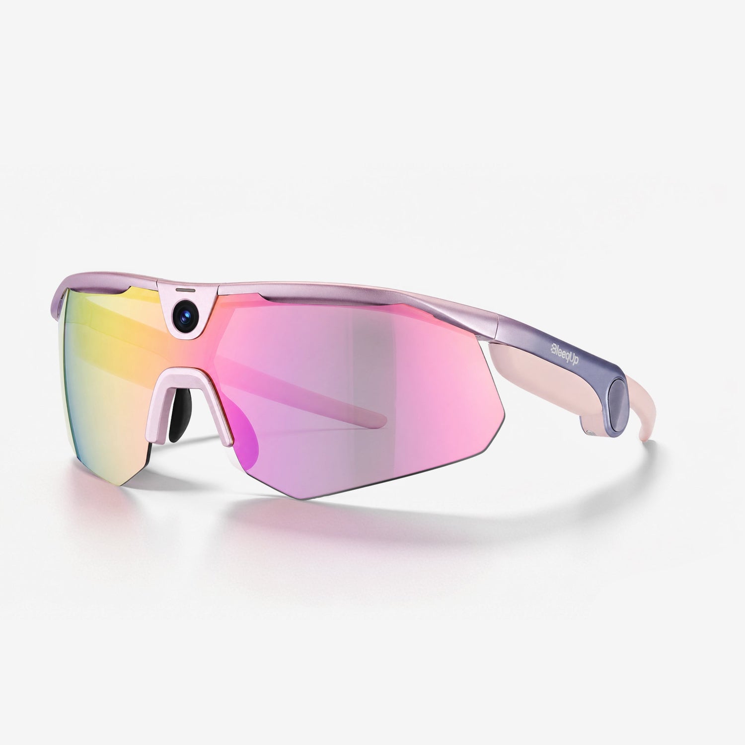 BleeqUp Ranger AI sports camera glasses, pink-purple frame with standard pink-purple lenses, side view